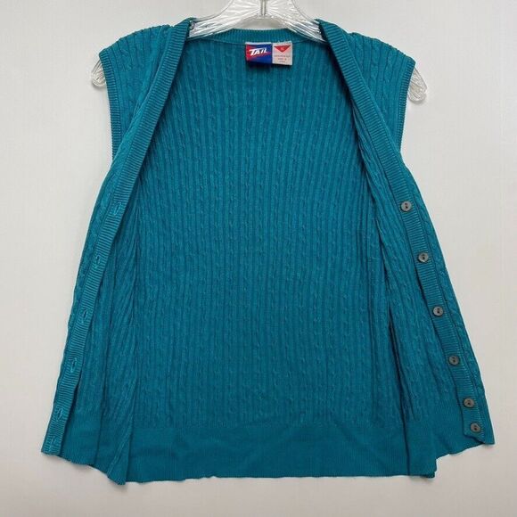 Vintage 90s Tail XL Teal Silk Cable-Knit Sweater Vest V-Neck Mother of Pearl - Picture 9 of 10